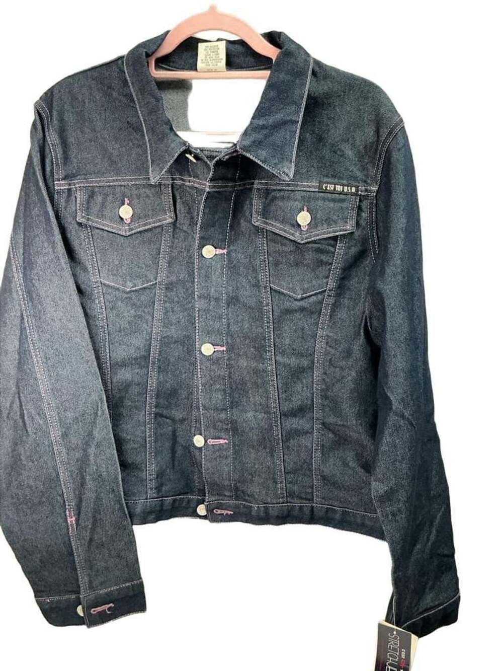 C'est Toi USA Dark Wash Denim Jean Jacket with Pink Stitching and Tag